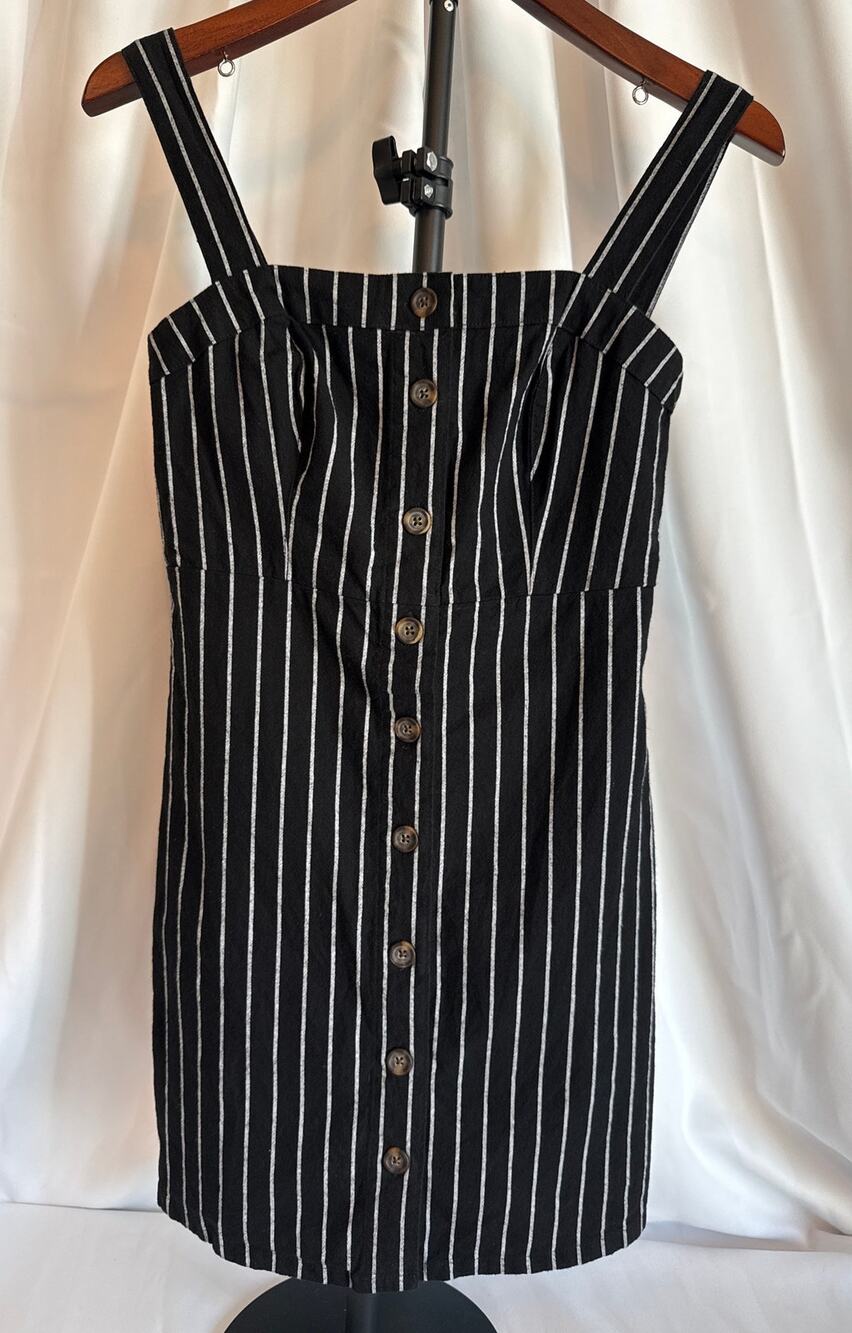 Hollister Mini Dress Black & White Pin Striped Button Front 90s Skater Dress XS
